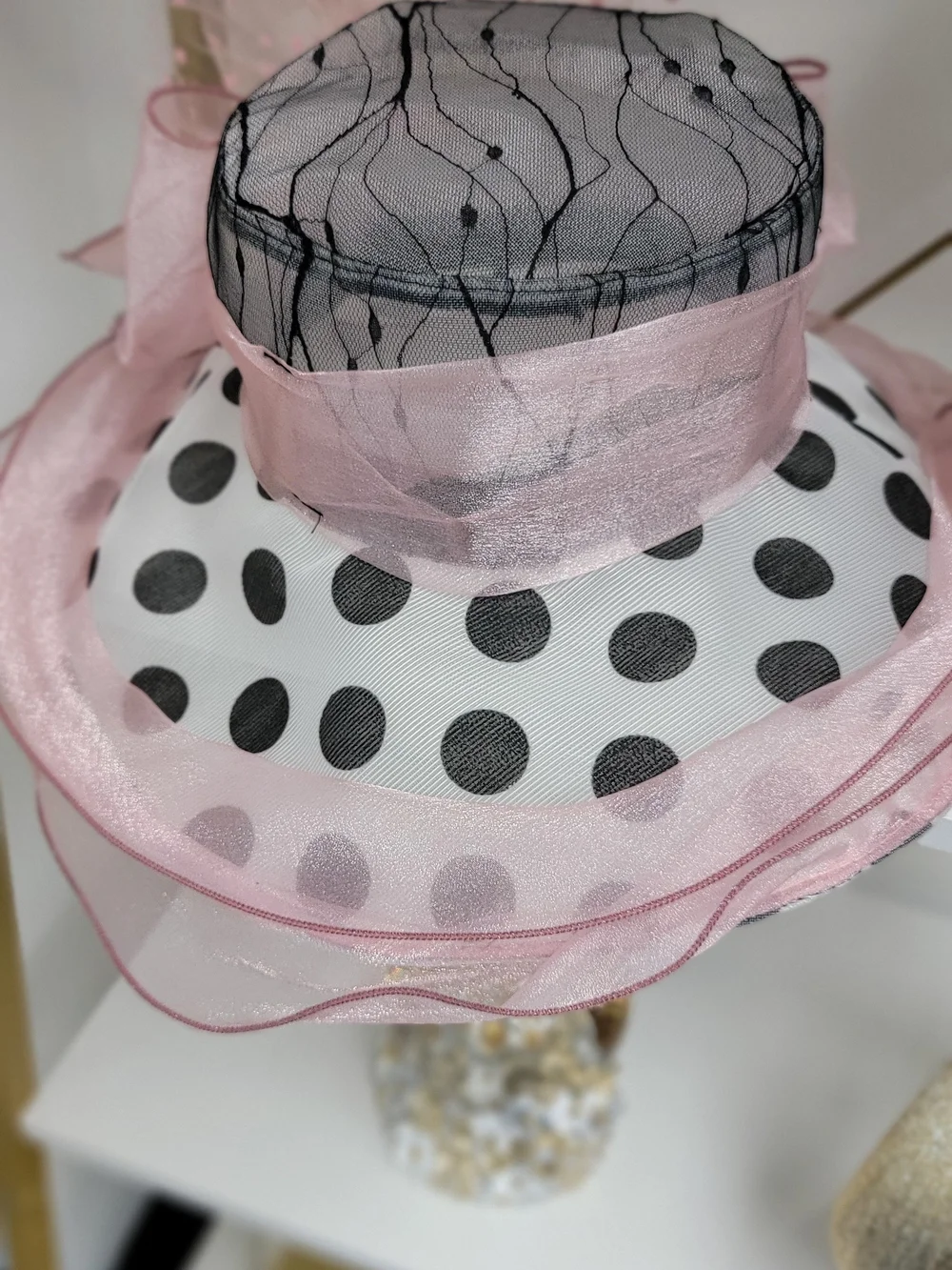 Elegant Pink Polka Dot Floral Derby Hat